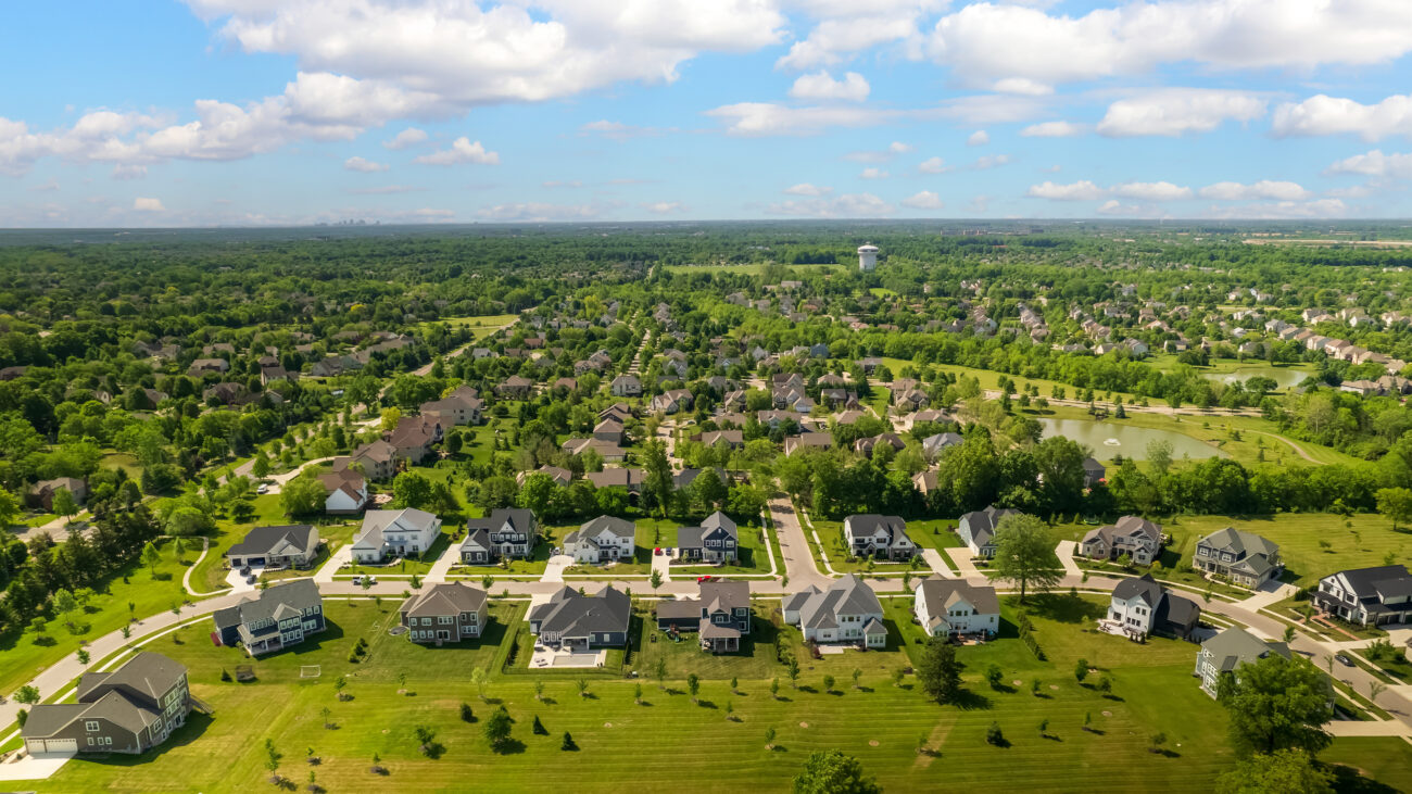 Aerial view of Dublin, Ohio—highlighting suburban growth and rising inventory in the Columbus housing market.